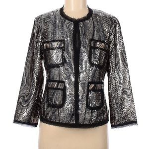 Vintage Y2K Cache Blazer Jacket Sequin Animal Print Silver Tweed Black Trim sz M